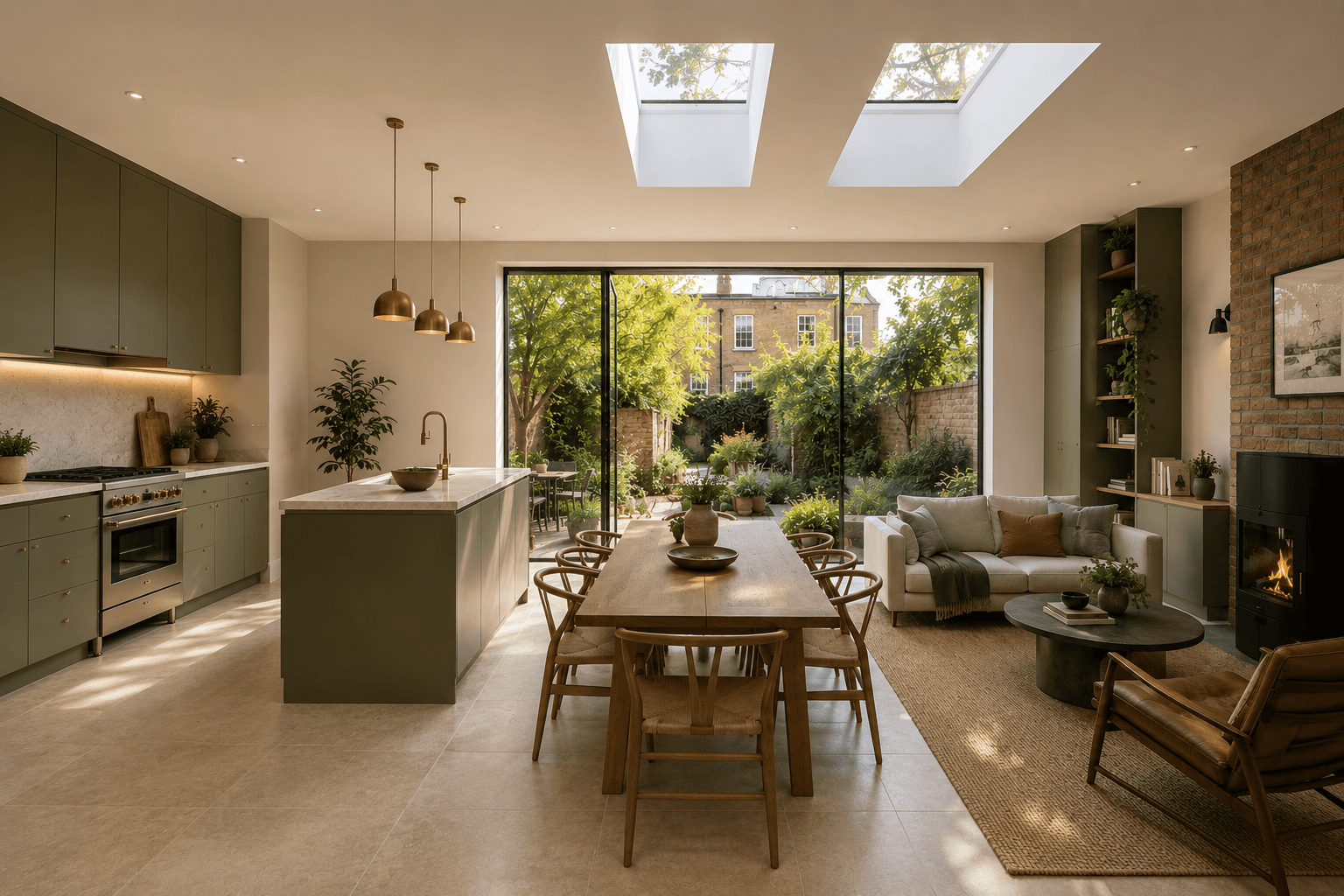 The completed retrofit and extension — a light-filled, open-plan kitchen and dining space opening onto the garden, Studio RDN-X