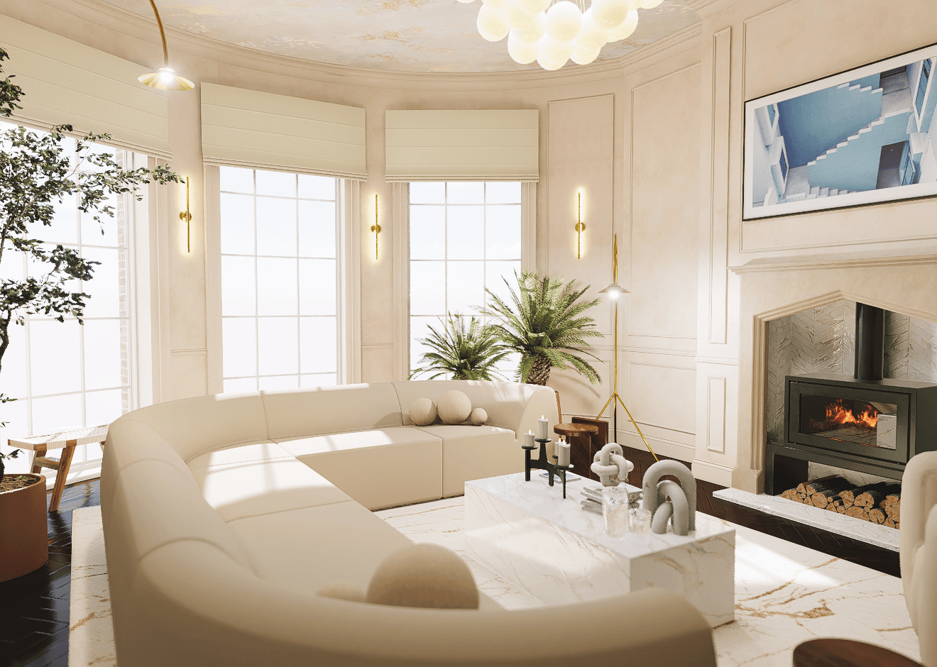 Living Room — Fireplace & Arched Alcoves