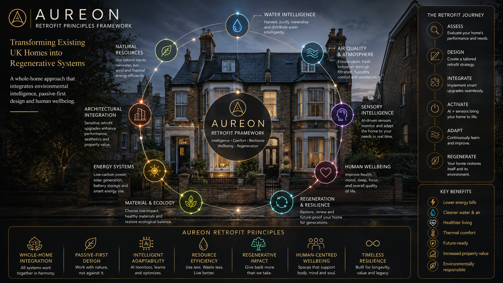 AUREON Retrofit Framework — nine system nodes, retrofit journey and principles applied to a UK townhouse