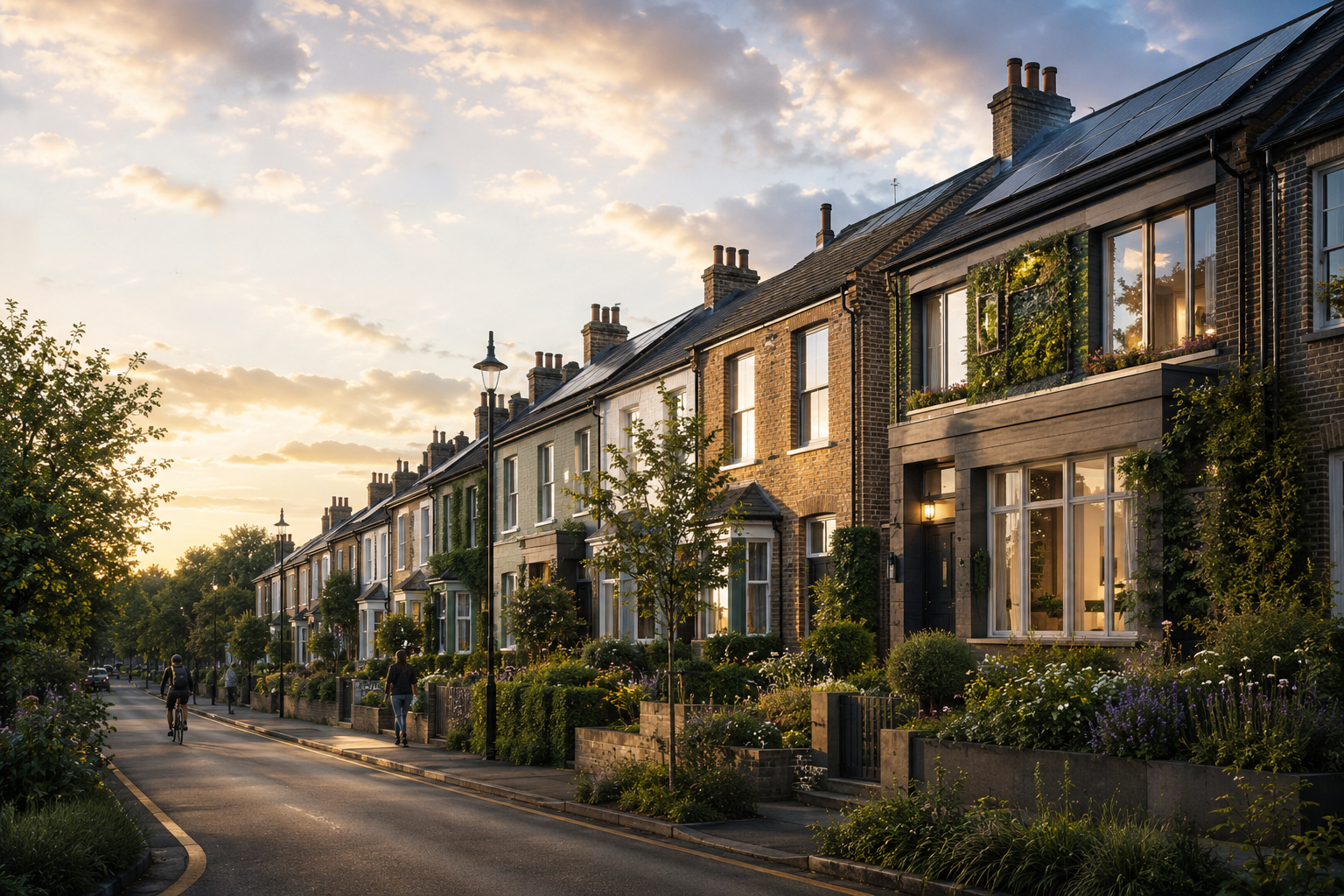 AUREON Retrofit Framework — biophilic UK terraced housing at golden hour