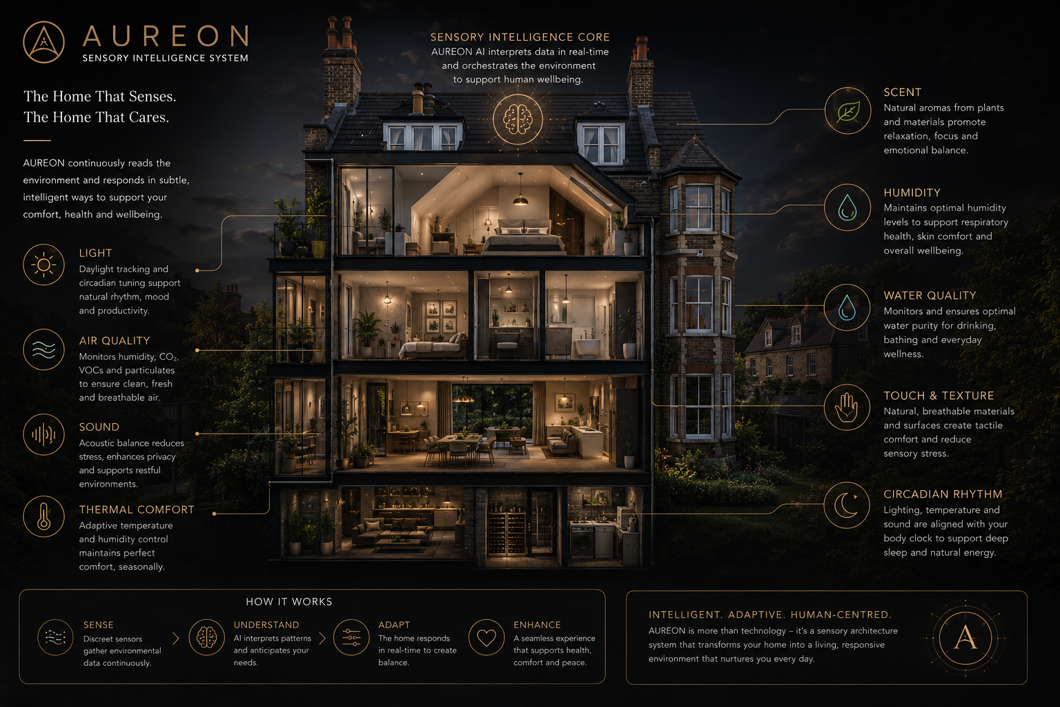 AUREON Sensory Intelligence System — nine environmental dimensions applied to a UK terraced home