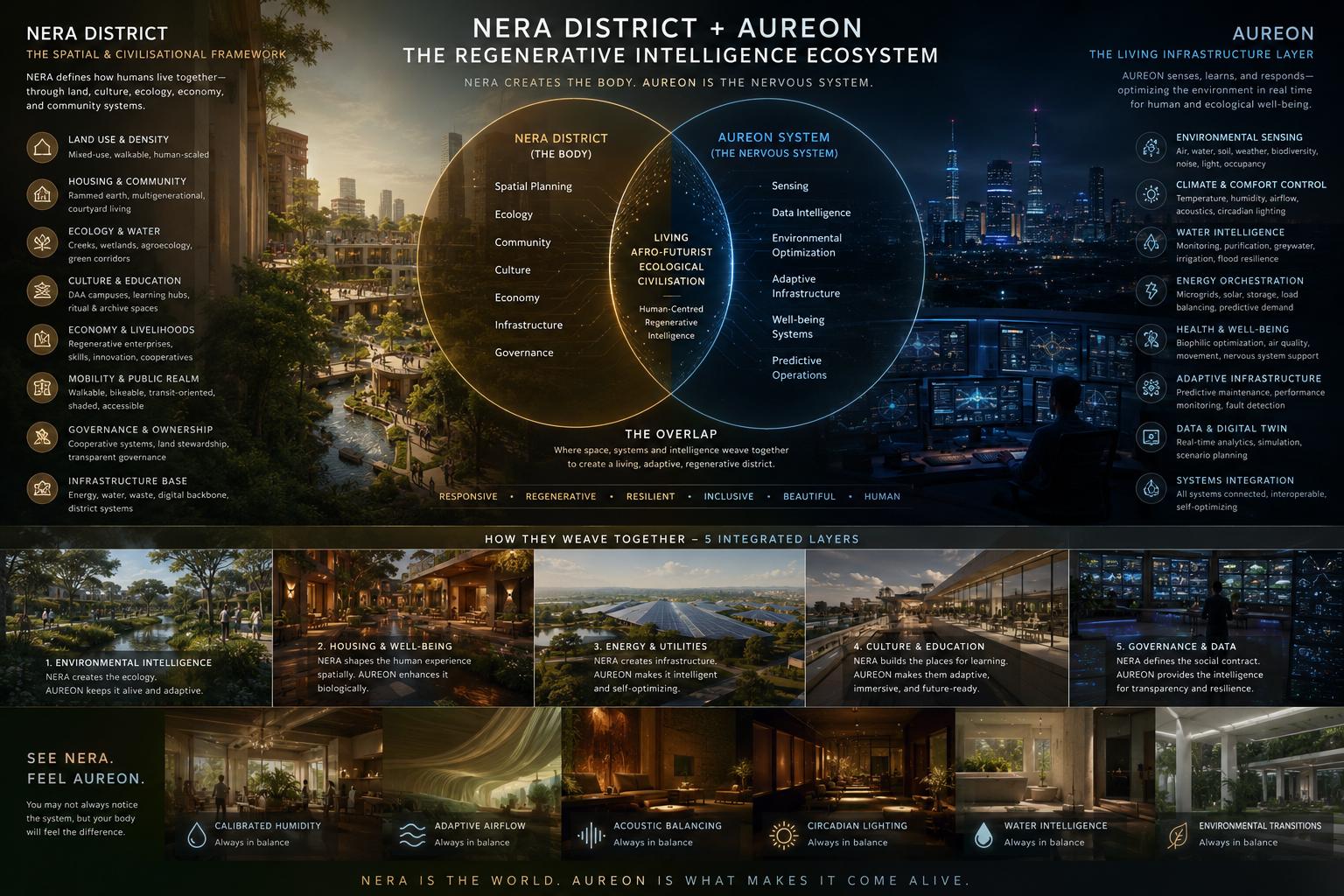 NERA DISTRICTS + AUREON — The Regenerative Intelligence Ecosystem. NERA creates the body. AUREON is the nervous system.