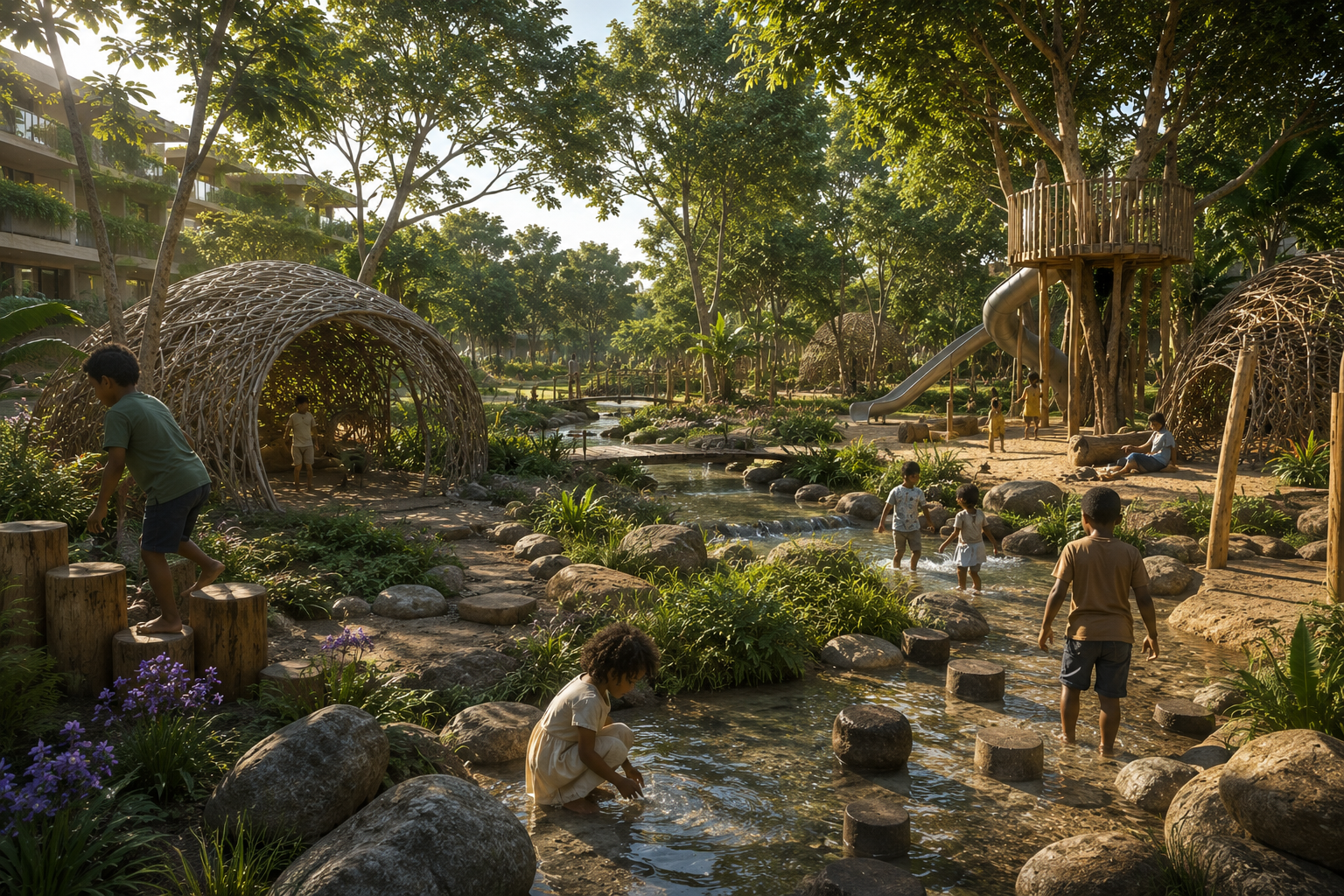 NERA DISTRICTS — Regenerative children's play ecology, water play and woven dome