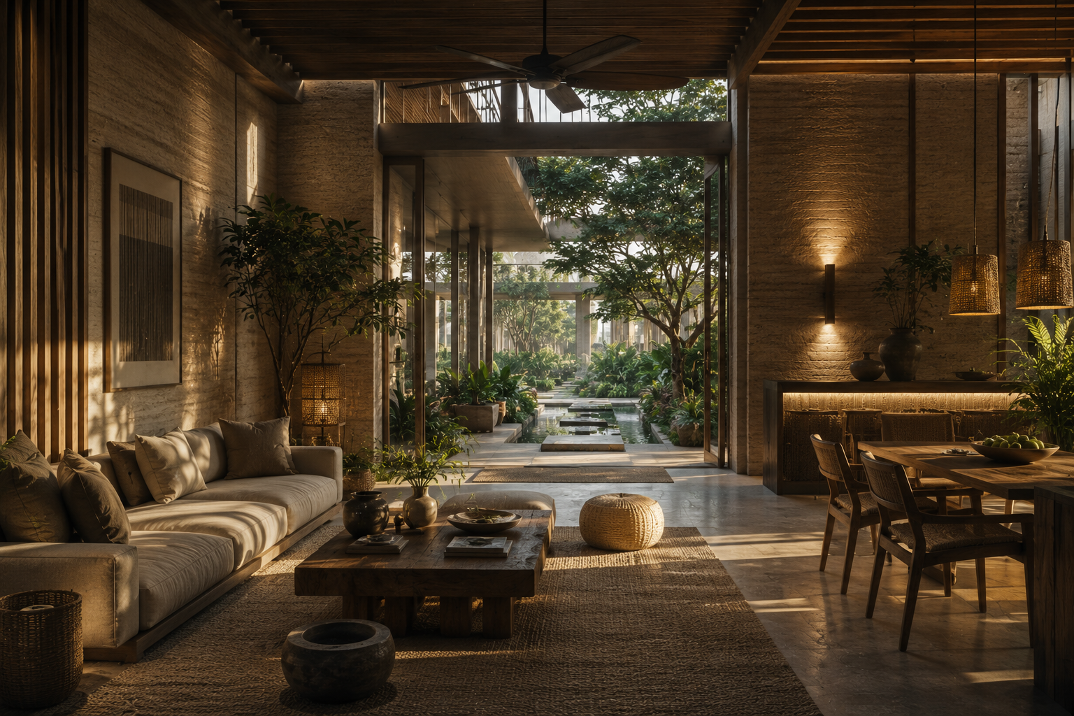 NERA DISTRICTS — Sensory villa interior, rammed earth, biophilic, open to courtyard garden