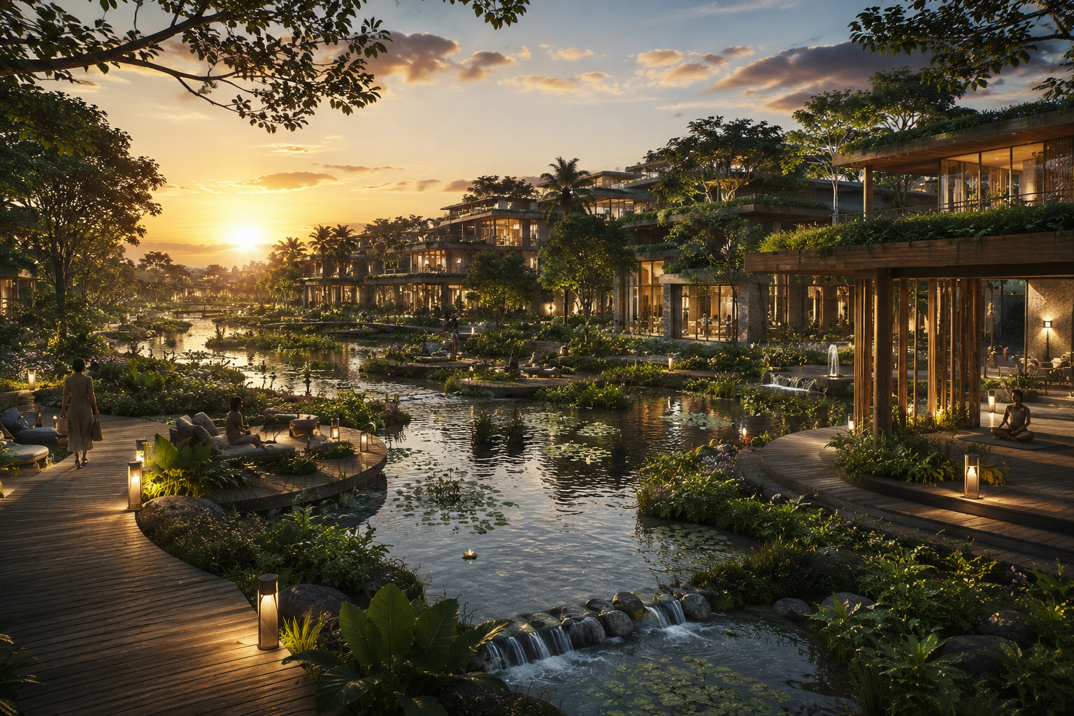 NERA DISTRICTS — Therapeutic water network at sunset, lily ponds and cascades